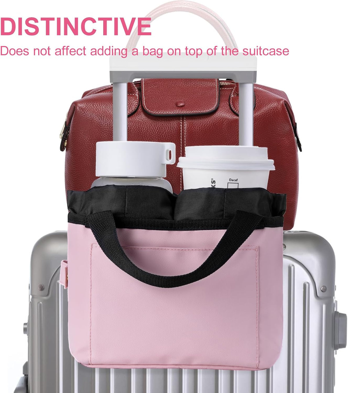 Luggage Cup Holder - Multifunctional Travel Caddy - Fits Suitcase Handles, Also, as a Stroller & Automotive Cup Holder - Pink