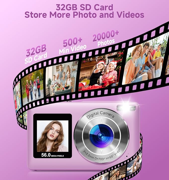 Digital Camera, 2026 Upgraded 56MP Dual-Screens Selfie Digital Camera, Small