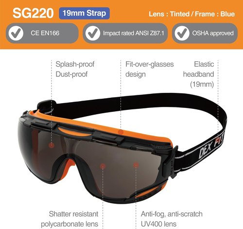DEX FIT Safety Goggles - Wide-Vision Lab & Chemical Splash Eye Protection | Anti-Fog, Scratch Resistant, Black/Orange, Smoke Tinted Lens, Z87.1 Approved