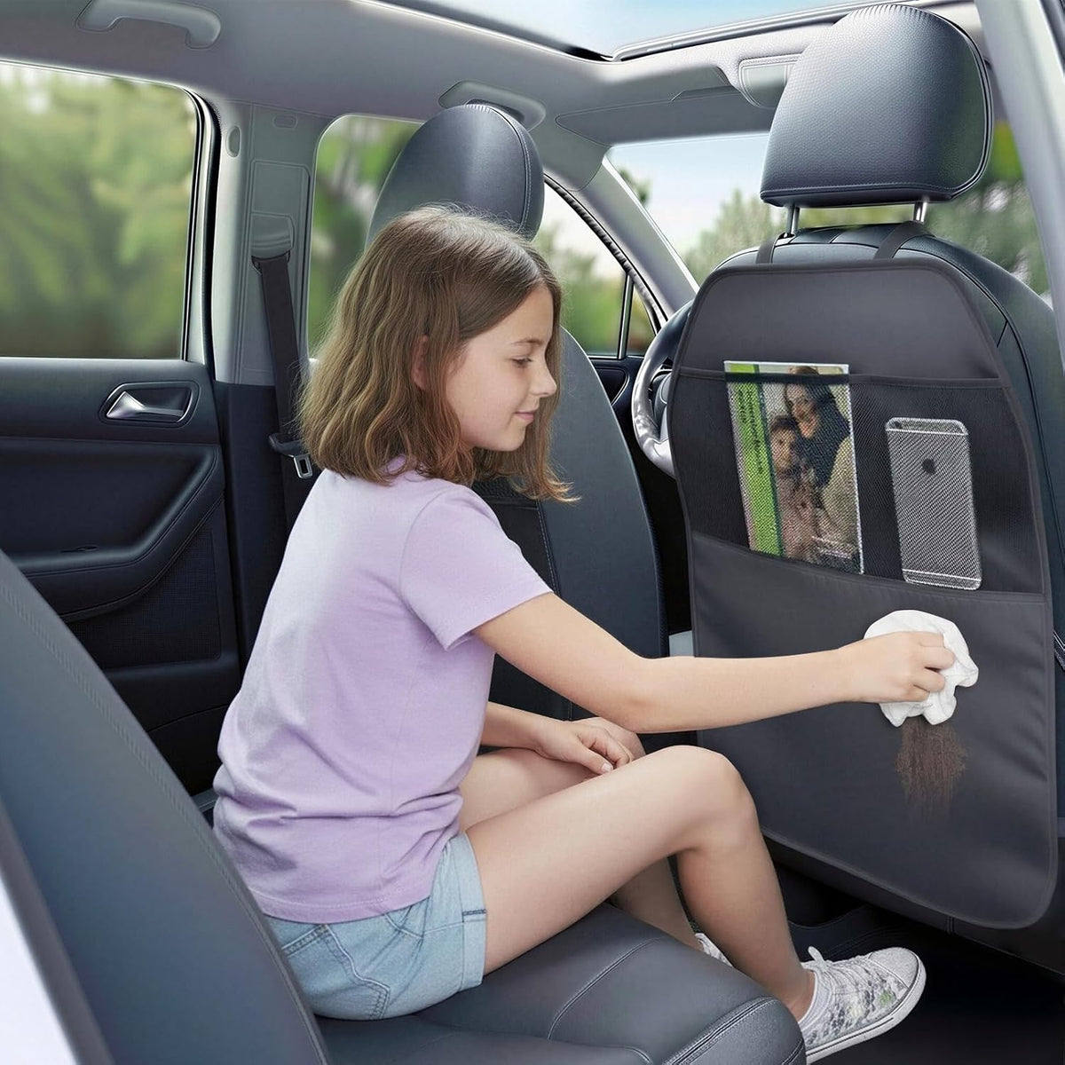 Viaviat Car Seat Protector Large Kick Mat 2 Pack Durable Water Resistant Auto Seat Back Covers with 2 Mesh Pockets Protection Against Dust Mud Scratches (Black, 2-Pack)