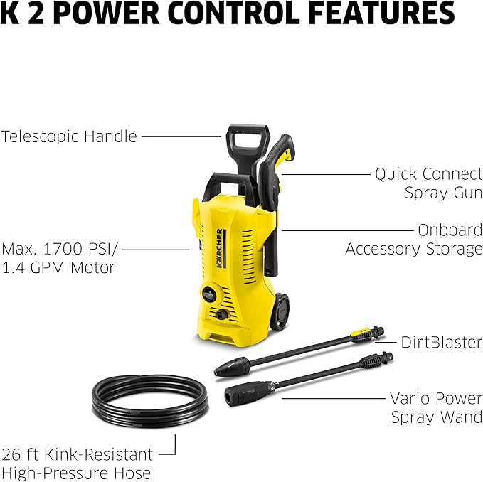 Kärcher Pressure Washer, K2 Power Control, Max 2000 PSI, 25 ft. Hose, 2 Spray Wands - 1.45 GPM