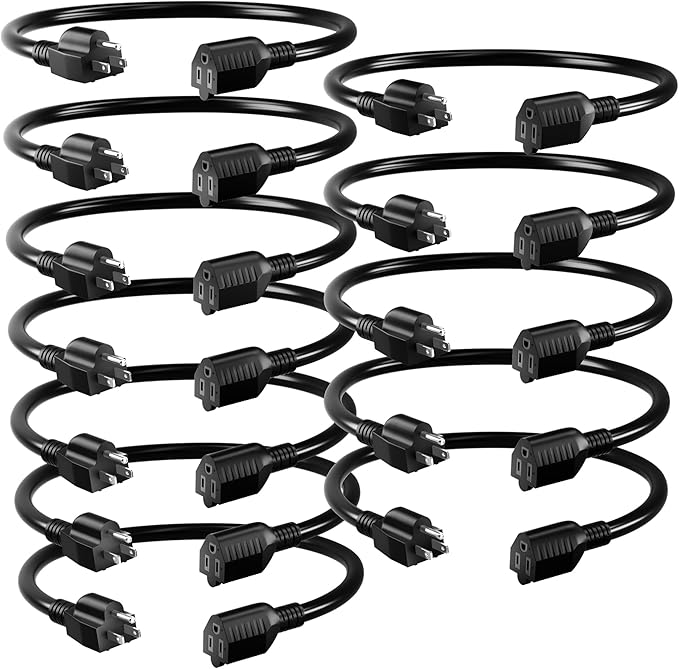 Short Extension Cord 1FT 12 Pack,16 AWG Black Power Cord Indoor for Laptops,Coffee Makers,Office Home Appliances, 3 Prong Small Extension Cable Outlet Saver,13A 125V 1625W,ETL Listed.