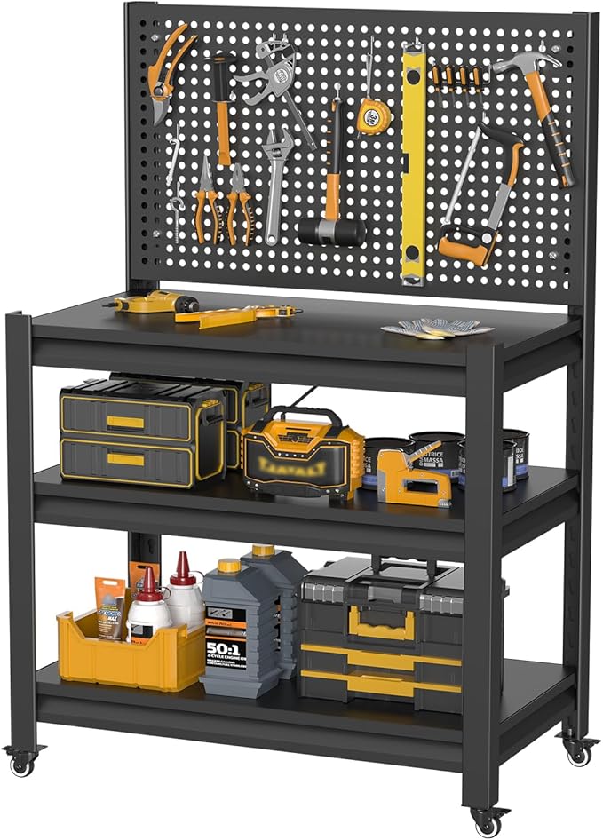 2 Sets Work Bench with Pegboard,Heavy Duty Workbench with Wheels Adjustable Shelves,Tool Cart,Work Table 47.2" H*33.46" W*18" D