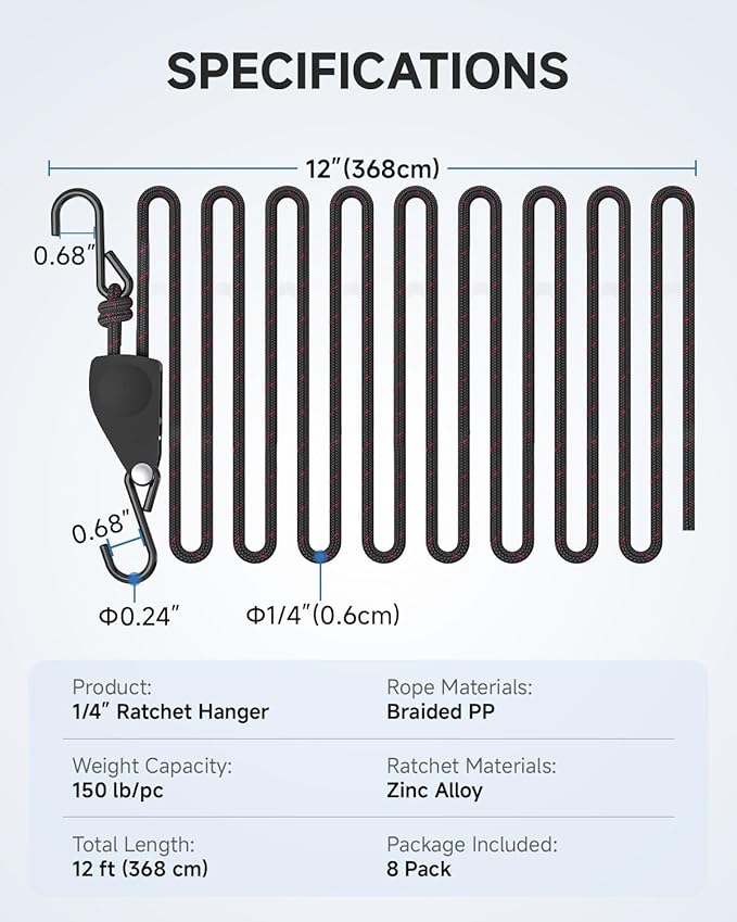 Fondwell 1/4" Tie Downs Ratchet Straps: 8 Pack of Heavy Duty Adjustable Rope Hangers for Various Hanging and Strapping