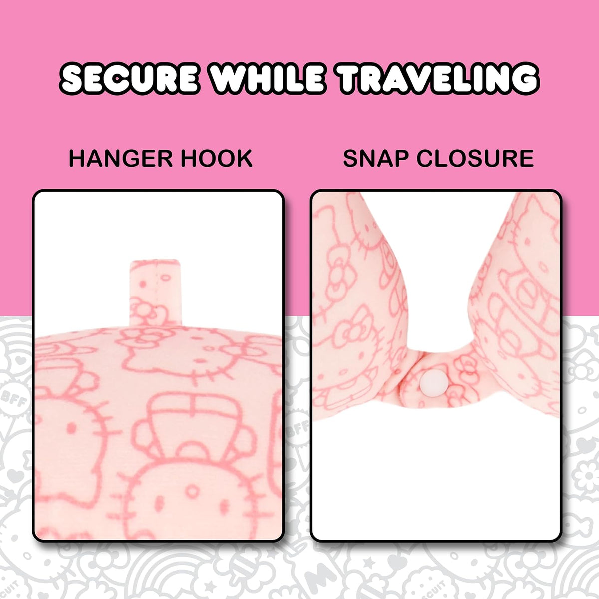 FUL Hello Kitty Neck Pillow, All Over Print Memory Foam Travel Accessories for Airplane, Car and Office, Comfortable and Breathable, Pink