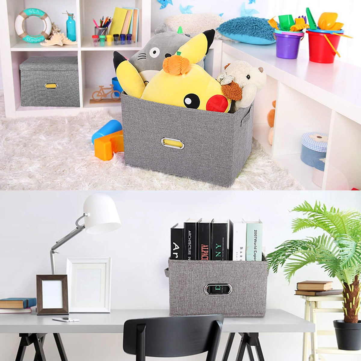 Large Linen Collapsible Storage Bins with Removable Lids and Handles, Washable Storage Box Containers Baskets Cube with Cover for Bedroom,Closet,Office,Living Room,Nursery (Grey, Large)