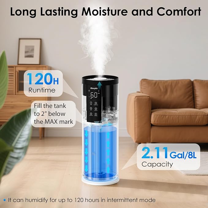 Humidifiers for Large Room 550 ft² - GloryAir 8L Cool Mist Humidifier for Bedroom Home Plants Baby, Top Fill, 120H Runtime, 4 Mist Spray Levels, 7-Color Light, 35dB Quiet Humidifier