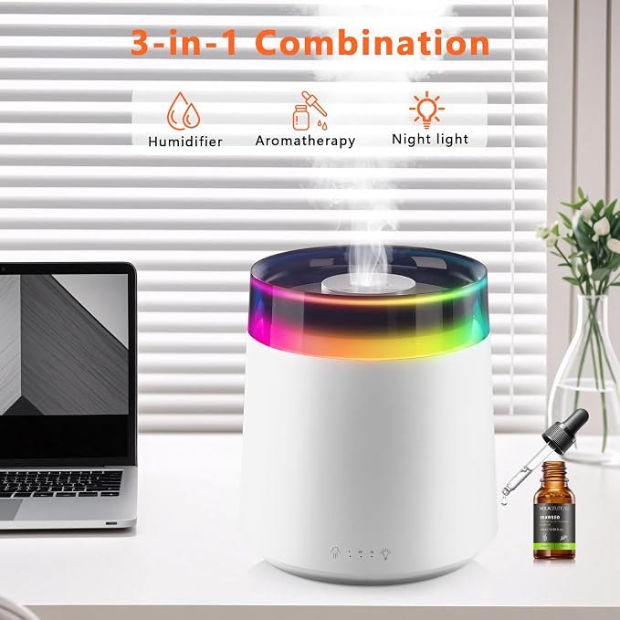 Humidifiers for Bedroom,3L Top Fill Cool Mist Humidifier for Baby Nursery,Essential Oil Diffuser for Large Room,3 in 1 Quiet Ultrasonic Humidifier for,Office,Plant,Nursery,BPA FREE (White)