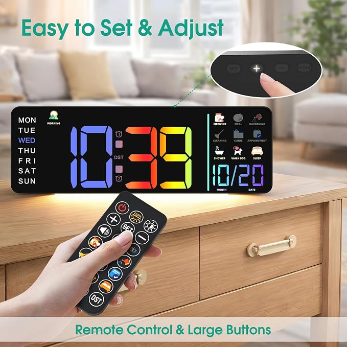 Hoifen Clock with Day and Date for Seniors, Remote Control, Night Light