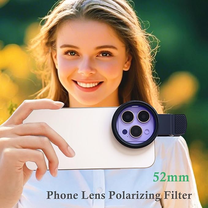 52mm Polarizing Phone Filter for iPhone, Clip-on CPL Lens Eliminates Glare &