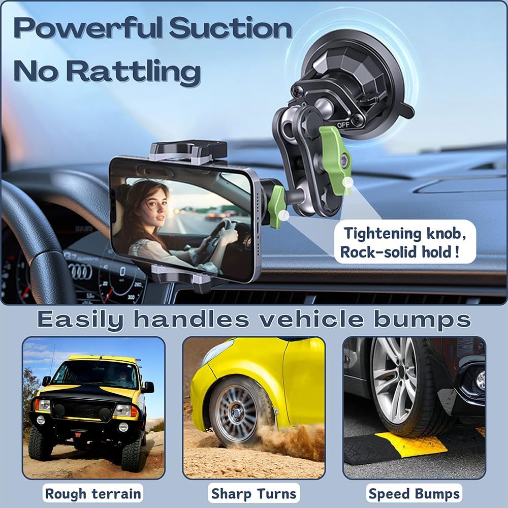 Suction Cup Phone Mount, Ultra-Stable Phone Holder for Vlog Shooting, 360 Rotation for Windshield, Roof Glass, Car Window, Fit for All Smartphones