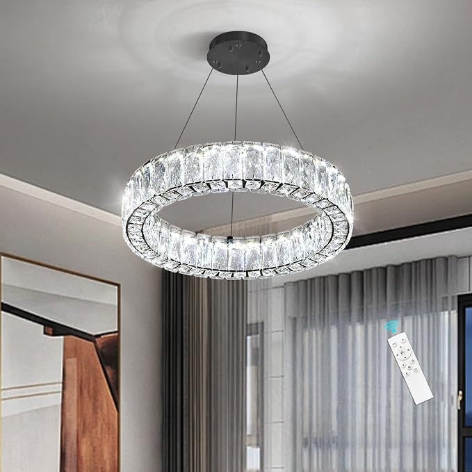 HAIXIANG Modern Crystal Chandelier Dimmable LED 16 Inch Ring Pendant Lights