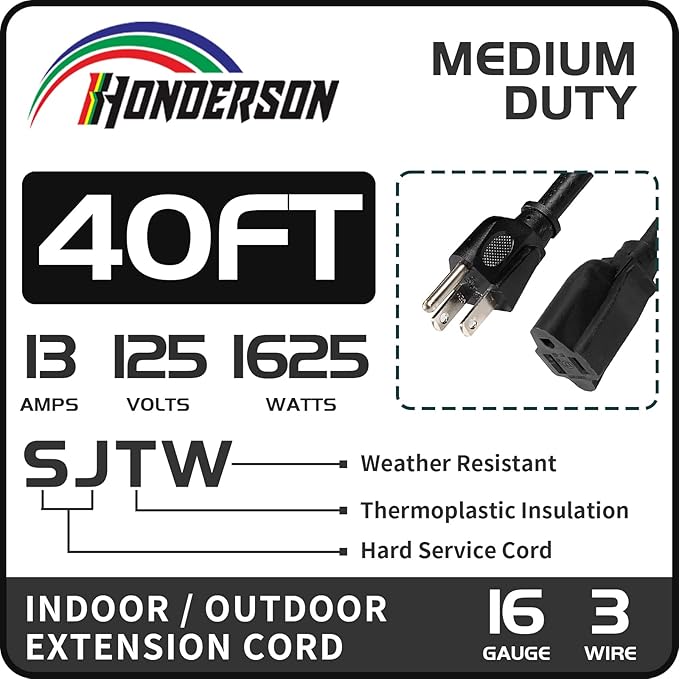 40FT Outdoor Extension Cord-16/3 SJTW Durable Black Extension Cable with 3 Prong Grounded Plug for Safety,Great for Outside Christmas Decorations