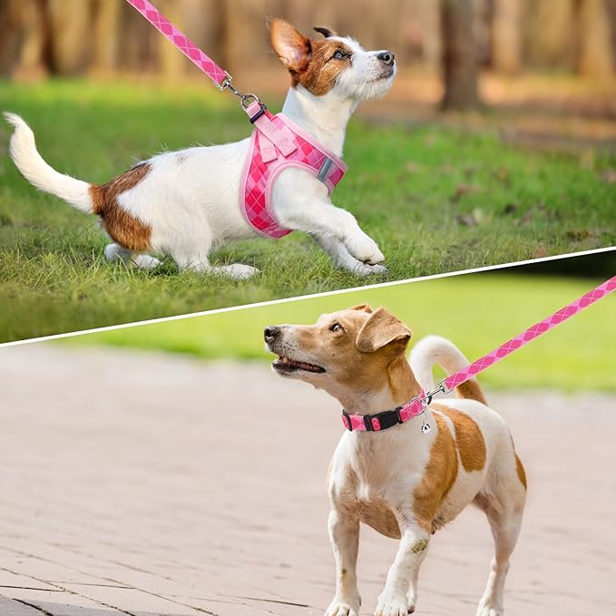 SCENEREAL Small Dog Harness and Leash Collar Set, Step in No Pull Soft Mesh Dog Harnesses for Small Medium Sized Dogs Puppy and Cats Outdoor Walking, No Chock Reflective Vest Harness, Pink Plaid S