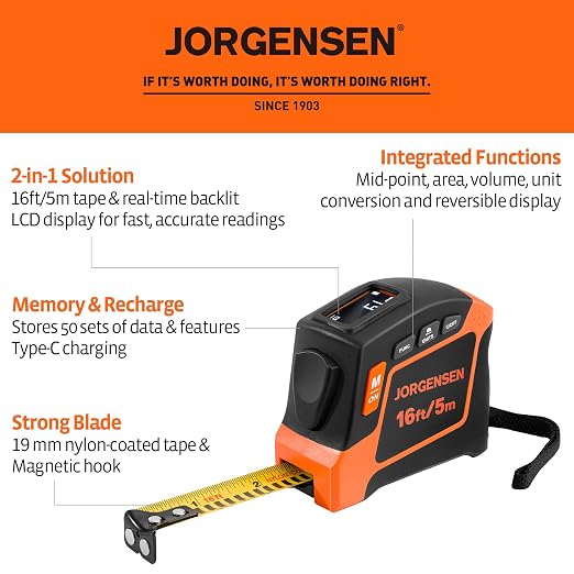 JORGENSEN Digital Tape Measure, 16Ft Rechargeable Digital Measuring Tape