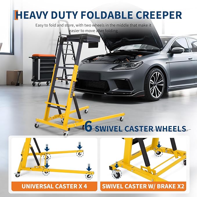 Topside Automotive Creeper,Engine with Adjustable Height 48"-66", 400 Lbs Heavy-Duty Foldable Garage Creepers, 6 Swivel Casters, Padded Deck, Tool Pouch, for Truck/SUV Garage Mainten