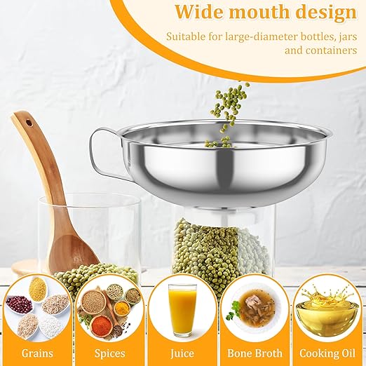 6-Piece Stainless Steel Canning Funnel Set with Strainers, Wide Mouth Mason Jar Funnels Family Pack, Metal Funnels for Filling Bottles, Canning Supplies for Preserving