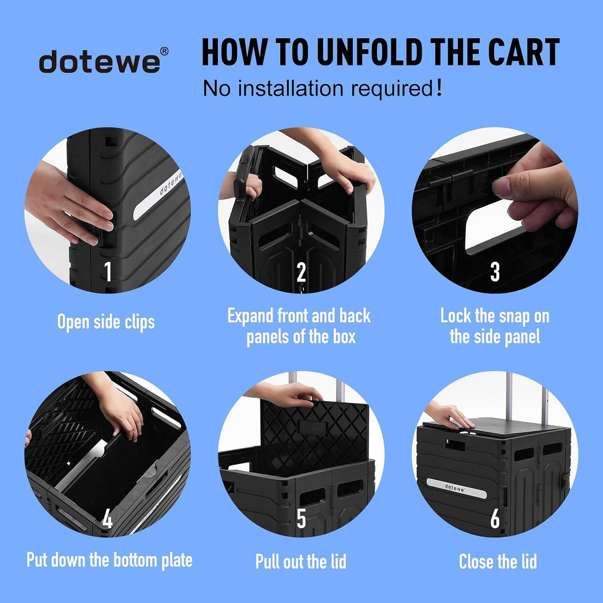 Folding Utility Cart Black Portable Rolling Crate Handcart Foldable Shopping Trolley Collapsible, with Lid, on Wheels, for Grocery, Garden, Office, Storage, Teacher, Tool (Black)