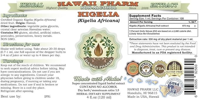 Kigelia Alcohol-Free Liquid Extract, Kigelia (Kigelia Africana) Dried Fruit Glycerite Hawaii Pharm Natural Herbal Supplement 2x2 oz
