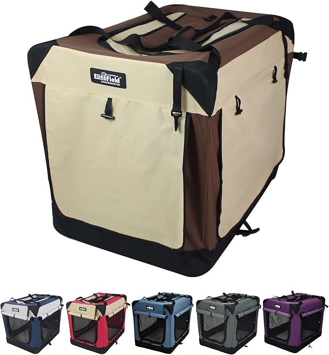EliteField 4-Door Folding Soft Dog Crate with Curtains, Carrying Bag and Fleece Bed (2 Year Warranty), Indoor & Outdoor Pet Home (30" L x 21" W x 24" H, Brown+Beige)
