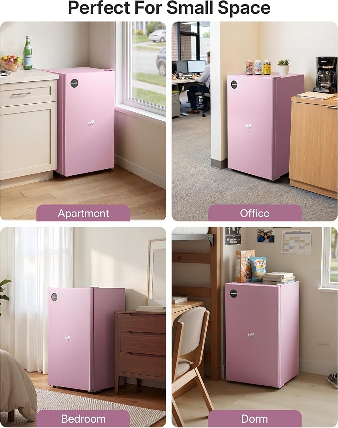 Upstreman 3.2 Cu.Ft All-Refrigerator Mini Fridge, Pink-CR32 | Petal Pink Finish, 7-Level Thermostat, ENERGY STAR Certified, Reversible Door, Small Fridge for Office, Bedroom or Dorm