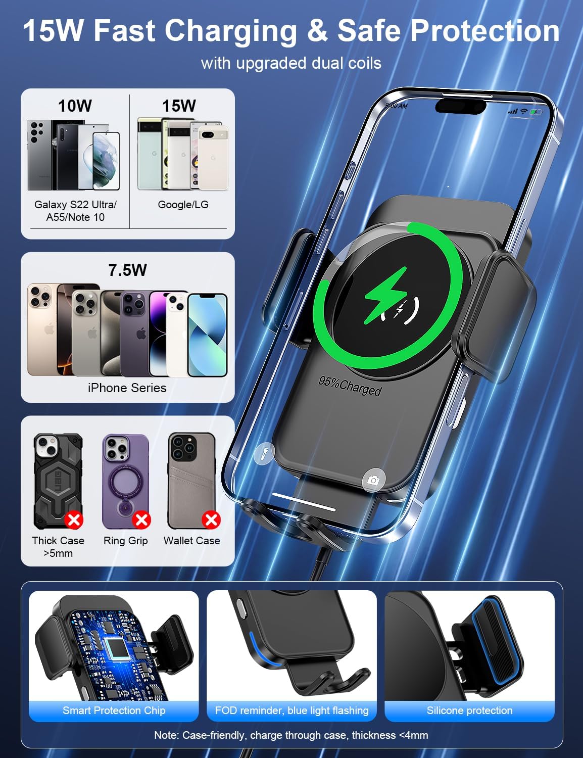 Cup Holder Phone Holder, 15W Wireless Car Charger Holder Fast Charging
