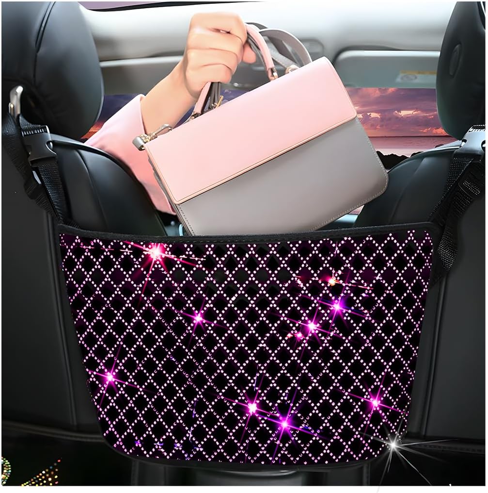 zipelo Bling Car Net Pocket Handbag Holder, Rhinestone Vehicle Backseat Purse Organizer Between Seats, Diamond Hanging Storage Bag Barrier of Pet Kids, Universal Automotive Accessories (Black)