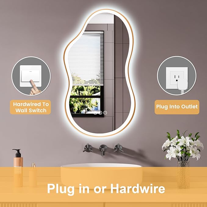 WTTY LED Irregular Bathroom Mirror 24x36 Inch with Front & Back Lights - Asymmetrical Design, Anti-Fog, Dimmable 3 Color Temperatures, Shatterproof Glass, Horizontal or Vertical Mount (Gold Frame)