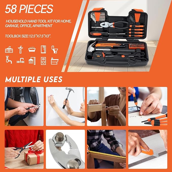MARTCOLOR 58 Piece Household Tool Set, General Household Hand Tool Kit with Plastic Toolbox Storage Case, All Purpose Household Tool Kit for Home, Garage, Office and College Dormitory Use, Orange