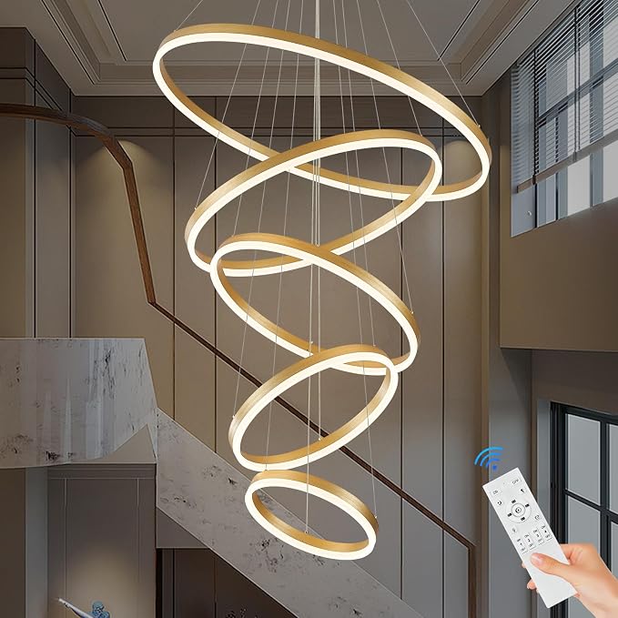 5-Rings D31.5in Modern LED Chandelier Gold Dimmable High Ceiling Chandeliers