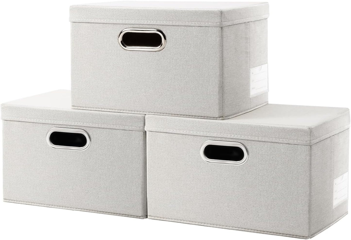 PRANDOM Storage Bins with Lids [3-Pack] Linen Fabric Foldable Storage Boxes Organizer Containers Baskets Cube with Cover for Bedroom Closet Office Beige（11.4X8.6X6.7