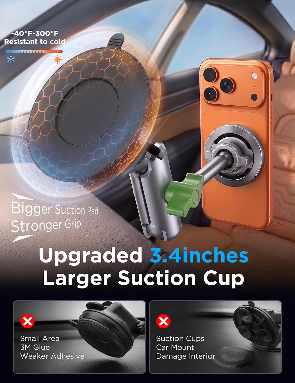 miracase Heavy Duty Aluminum Alloy Car Phone Holder for Magsafe, CNC Machined Metal Arm w/Friction Lock Joint & Large Vacuum Suction Cup, 360° Rotatable Windshield Holder for iPhone & All Smartphones