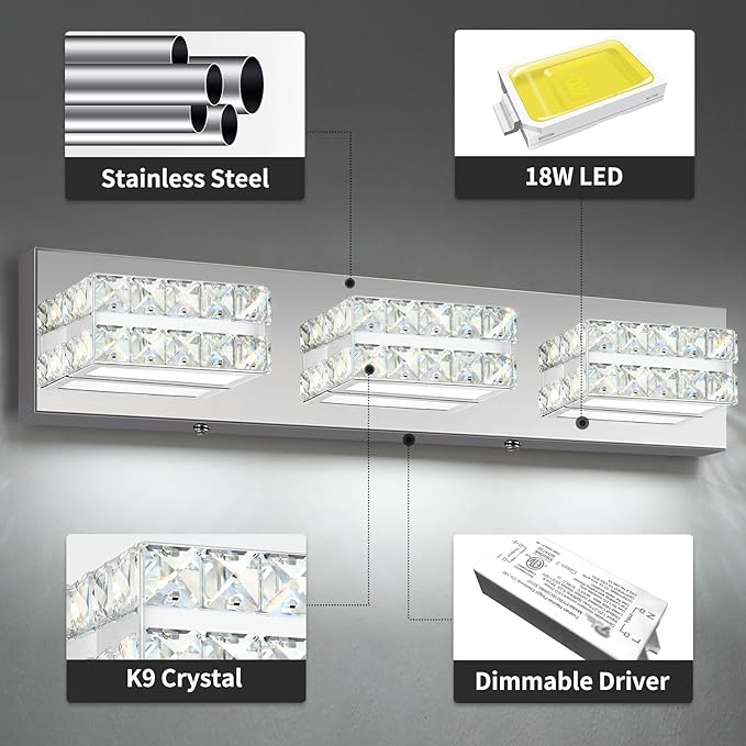 OKELI Bathroom Crystal Vanity Light Fixtures, Modern LED Vanity Light for Bathroom, 3 Lights Crystal Mirror Front Lamp, 6000K Cool White, 18W, Dia 22 Inch ETL Listed