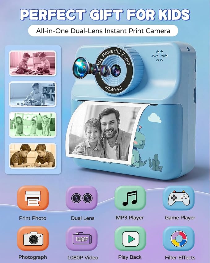 Kids Camera Instant Print with Carrying Case, Digital Selfie Camera with 6