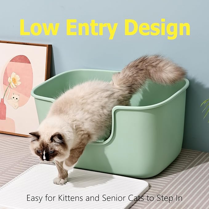 SpaceTime Extra Large Litter Box with High Sides,XL Low Entry Multi Cat Litter Pan for Kittens,Jumbo Litter Boxes for Big Cats,Anti-Splashing Cat Boxes for Indoor Cats,Open Top,Easy to Clean (Black)