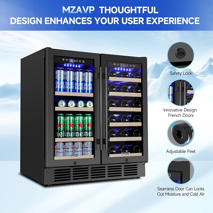 30 Inch Wine and Beverage Refrigerator, Dual Zone 30" Wine Fridge Under Counter/Freestanding, 30 Inch Wide Beverage Cooler with Glass Door, Holds 30 Bottles & 110 Cans for Home Bar Office, Black