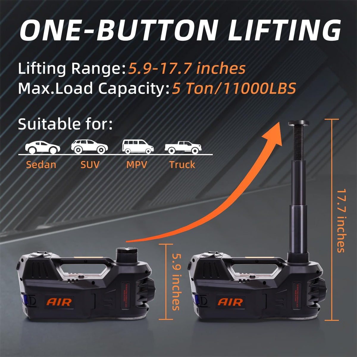 STANDTALL Electric Car Jack Quick Lifting Safe and Portable with Tire Inflator and LED Light Complete Set of Accessories 12V Hydraulic Floor Jack