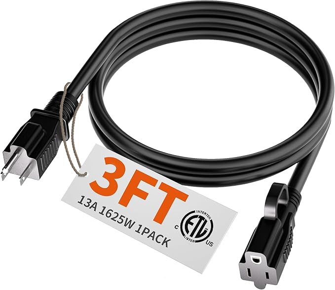 HUANCHAIN Indoor Outdoor Black Extension Cord 3 ft Waterproof, 16/3 Gauge Flexible Cold-Resistant Appliance Extension Cord Outside, 13A 1625W 16AWG SJTW, 3 Prong Electric Cable, ETL