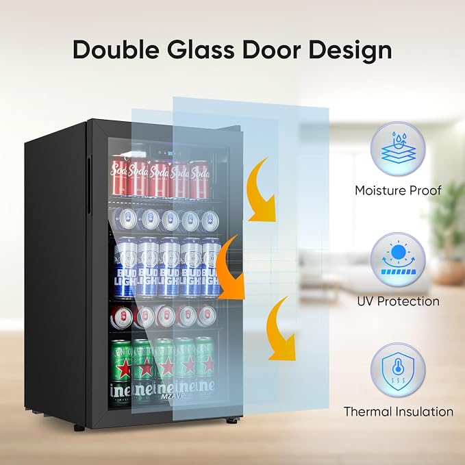 120 Cans Beverage Refrigerator Freestanding, Small Beverage Cooler with Glass Door, Mini Drink Fridge for Beer Soda, 3.0 Cu.Ft for Office, Home, Bar, White LED Light & Reversible Door - Black
