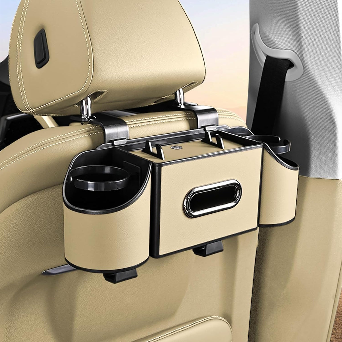 Back Seat Car Organizer,4 in 1 Multifunctional Car Back Seat Storage Box with Drink Cup Holder Tissue Box, for Hold Phone,Snacks, Drinks, Handbag-White