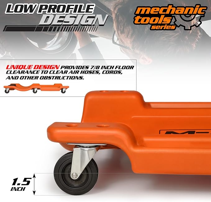 M-AUTO 36" Mechanic Rolling Garage Creeper with Padded Headrest Light Weight Automotive Creeper Mechanic Cart with Dual Tool Trays and Noiseless Casters, Orange