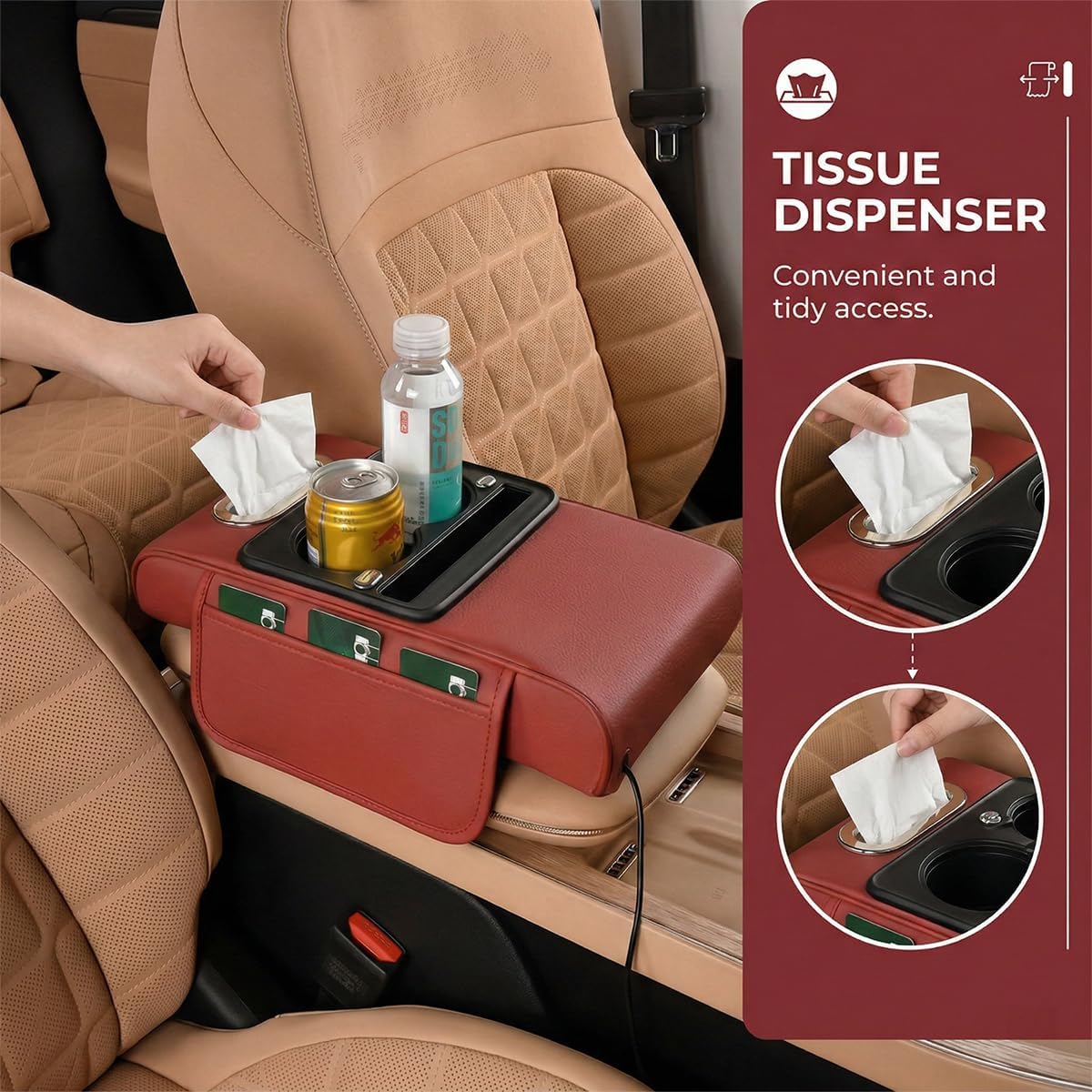 Car Center Console Armrest Pillow, 5-in-1 Memory Foam Armrest Cover with 2 Storage Bag, Tissue Box, Cup Phone Holder, Auto Middle Console Arm Rest Protector Organizer, Universal Fit (Black)