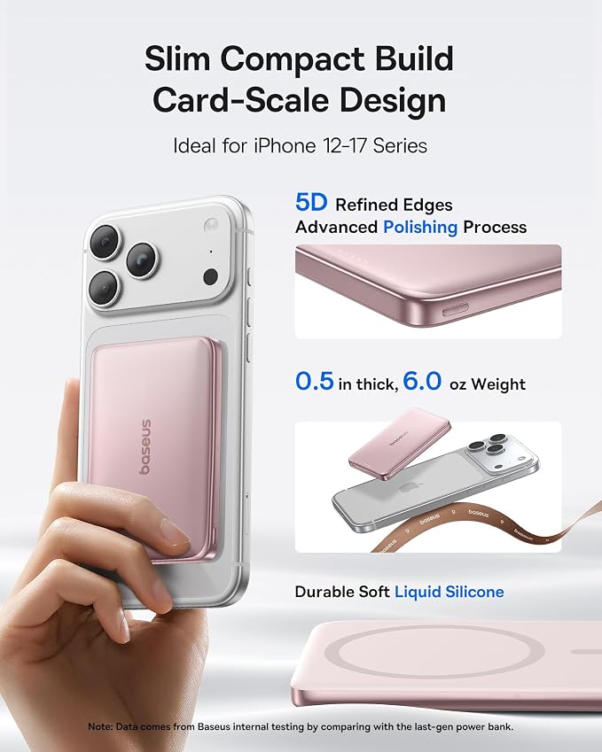 Baseus Picogo Power Bank, 0.5" Ultra Slim 10000mAh MagSafe Portable Charger, 27W Fast Charging Magnetic Battery Pack, Upgraded Polished Alloy Wireless Charger for iPhone 17 Pro Max/Air/16/15/14/13/12