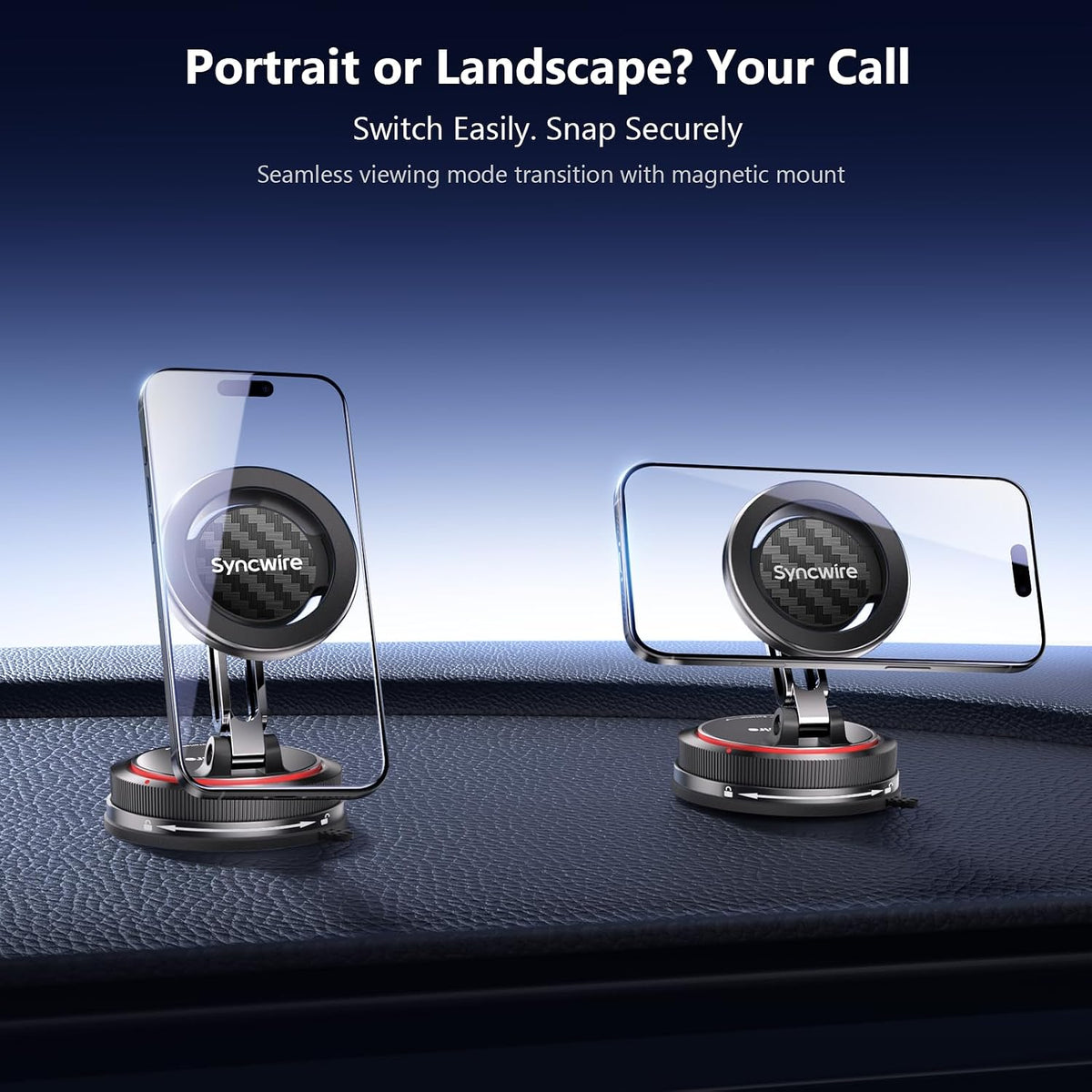 SYNCWIRE for MagSafe Car Mount [2-Axis Design] Nano Adhesive Gel + Suction Cup Magnetic Phone Holder for Dashboard & Windshield, 360° Adjustable for iPhone 17 16 15 14 13 12 11, Samsung, Carbon Fiber