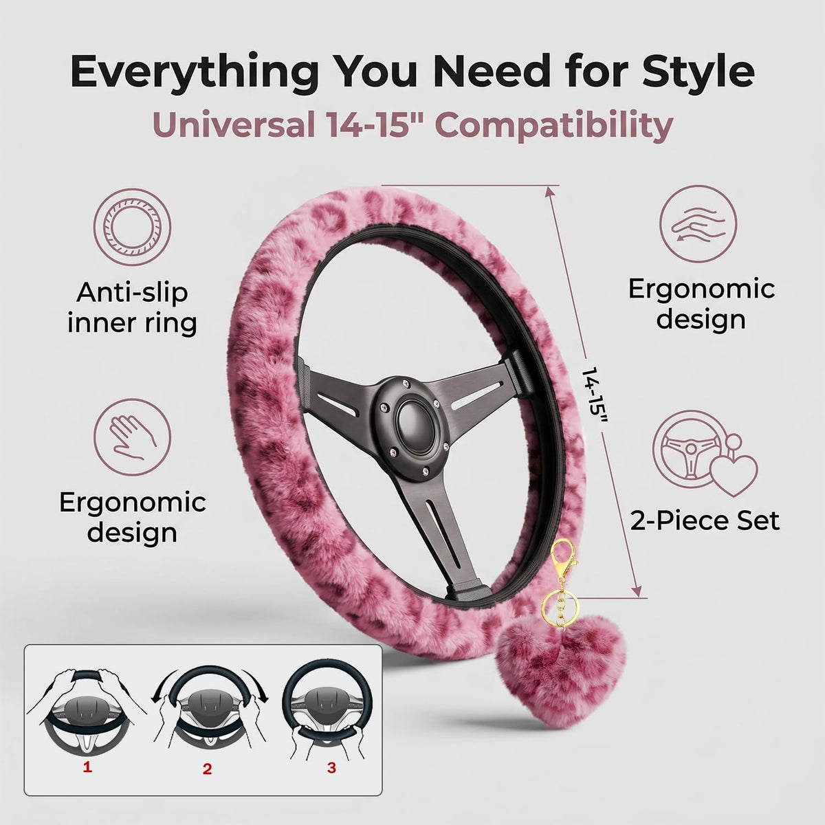 Pink Leopard Steering Wheel Cover with Fluffy Keychain Fit 14"-15"