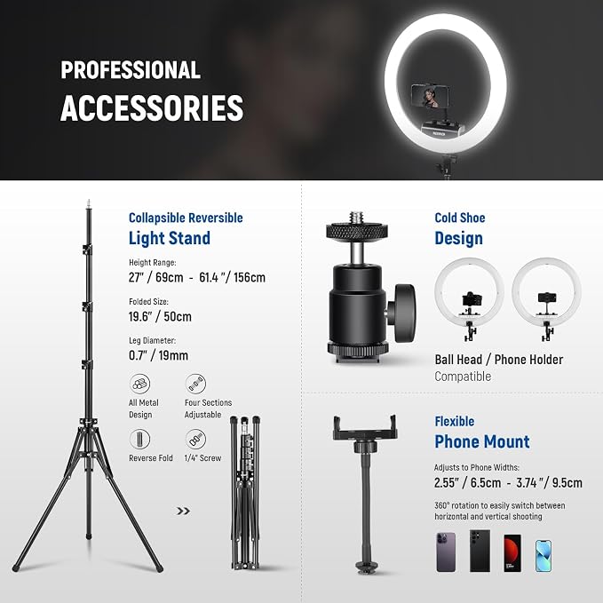 NEEWER 18 inch Ring Light with Tripod Stand and Phone Holder, Ultra Thin Video