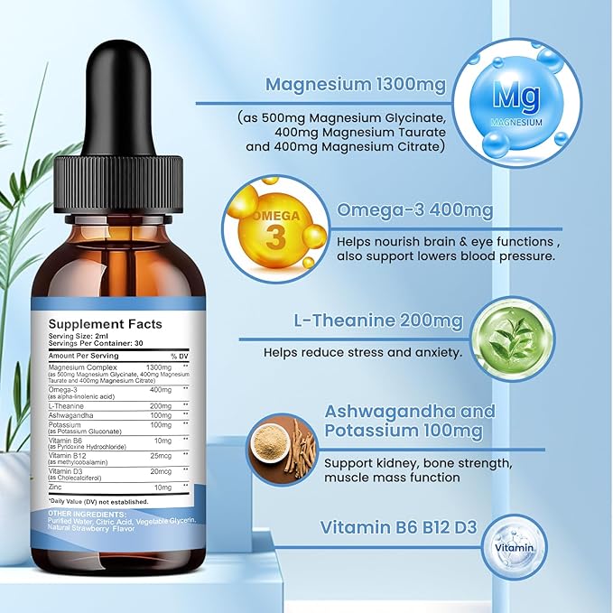 Triple Magnesium Complex Liquid Drops, 1300mg Magnesium Glycinate, Taurate & Citrate with Omega3, L-Theanine, Ashwagandha, Potassium, D3, B6, B12 for Calm, Sleep, Muscle, Strawberry Flavor, 2 Fl OZ