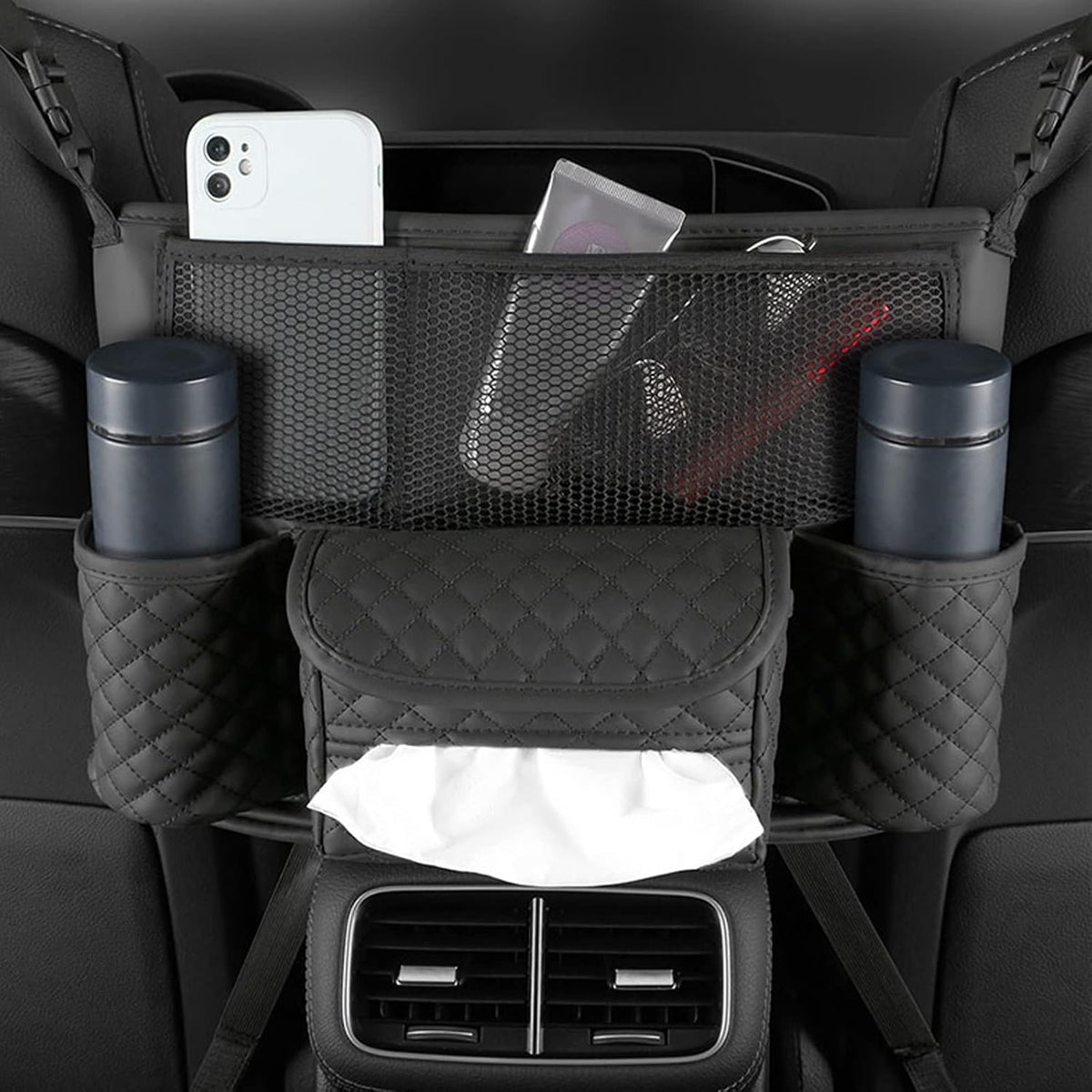 Car Handbag Holder Between Seats with Multi-Pocket Large Capacity Storage Bag, Pet Kids Barrier, Driver Storage Pouch for Handbag Cup