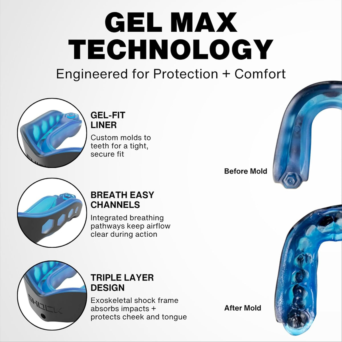 Shock Doctor Mouth Guard - Heavy Duty Gel Max Protection for Sports | Custom Fit for Adults & Youth