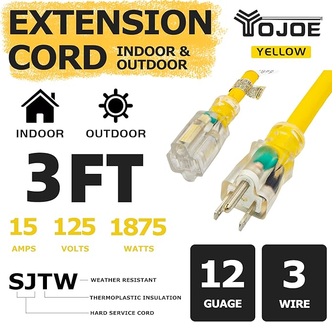 YOJOE Indoor Outdoor Extension Cord with Lighted End, 3 Prong 15A Weatherproof Power Cord, 12 Gauge Heavy Duty 3 ft Yellow Extension Cord for Garage, Garden and Home, 12/3 SJTW UL Listed